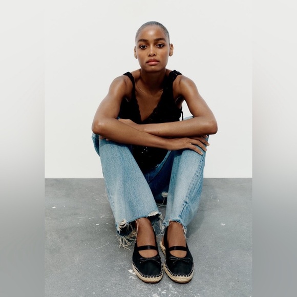 NWT Zara Woman Satin Effect TOPSTITCHED BOW ESPADRILLES Sandals Shoes Size 8 - Picture 4 of 12